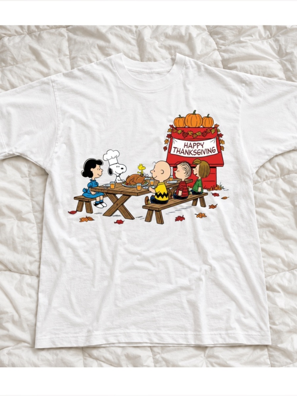 White 'Happy Thanksgiving' Snoop Graphic Tee, Vintage Fun Dog with Friends Tee